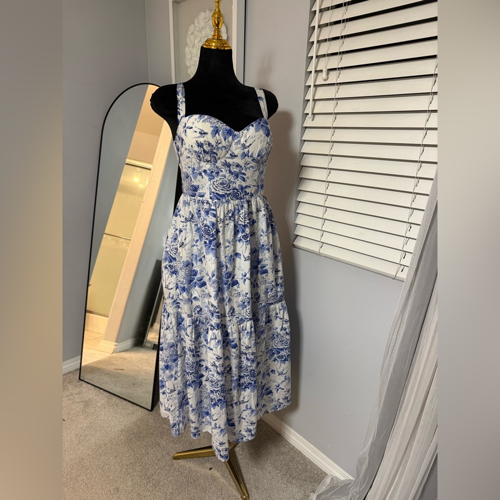 Blue & White Floral Sundress — Sleeveless Tiered Midi Dress